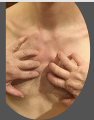 <p>1. in front of patient</p><p>2. fingertips in the intercostal space</p><p>3. take deep breath in and out</p>