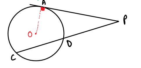 <p>intersecting chord theorem - chord and tangent meet outside circle</p>