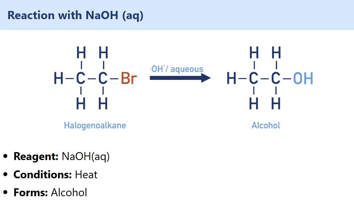 <ul><li><p>Alcohol synthesis</p></li><li><p>NaOH must be aqueous</p></li></ul><p></p>