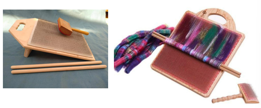 <p>a type of carding board where you brush and combine different colors of wool with a smaller hand comb on a single board that has teeth</p>