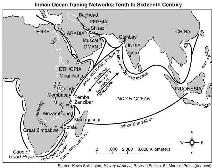 <p>Using the information provided by the map, a valid conclusion that can be drawn about Indian Ocean trade networks is that they…</p>