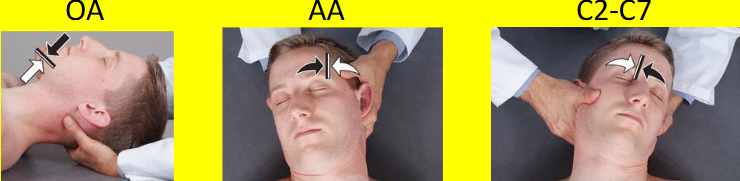 <ul><li><p>OA → contact suboccipital muscle + under chin, engage barriers</p></li><li><p>AA → gently flex, rotate into barrier</p></li><li><p>C2-C7 → 2nd MCP @ articular pillar of segment being treated, slight flexion → engage barriers</p></li></ul><p></p>