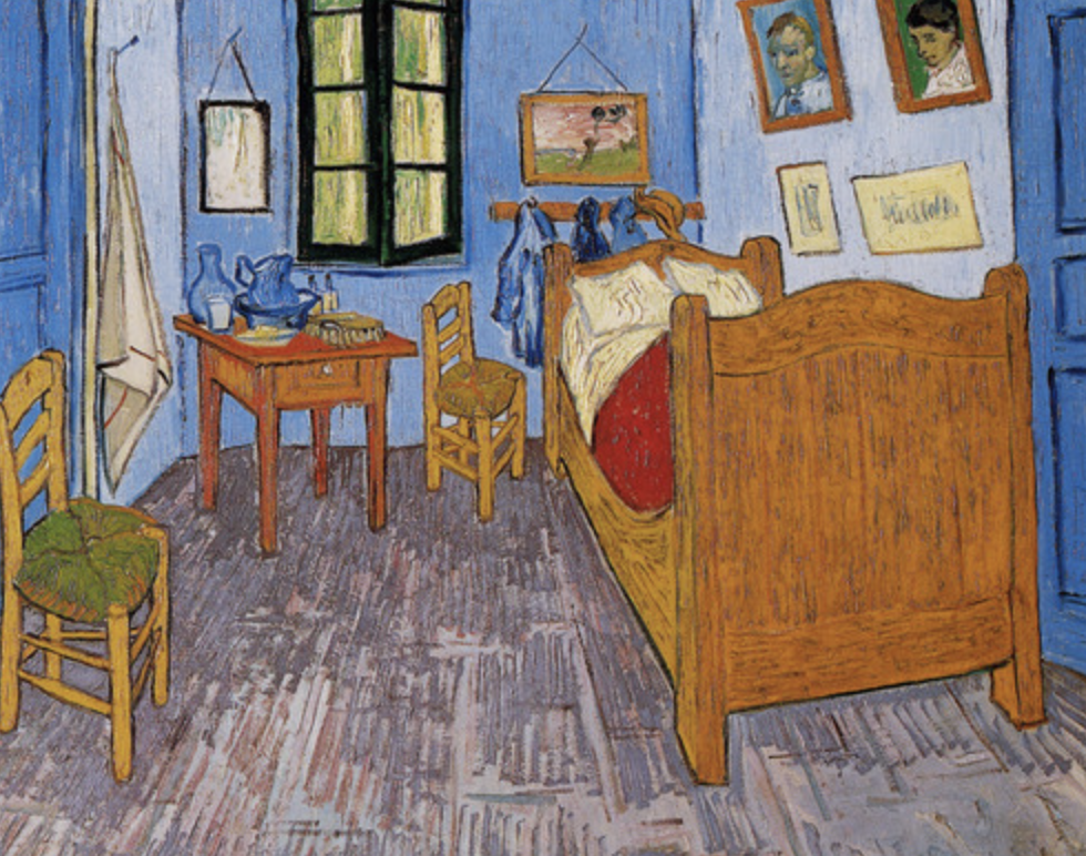 <p><span>Van Gogh:</span><br><span>"This could as well be my self-portrait.</span><br><br><span>"equivalence":</span><br><span>self-portrait: "Instead of trying to reproduce exactly what I have before my eyes, I use color more arbitrarily so as to express myself forcibly."</span><br><br><span>Included is actual painting of him and his brother</span><br><br><span>Viewer's Vantage Point: high</span><br><span>Floor: Glazing</span><br><br><span>Absence shown in bed</span><br><br><span>Stephane Mallarme: "Paint not the thing itself, but the effect it produces."</span></p>