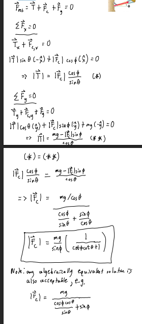 <p>break up Fnet into x and y directions, plug in the value of T from x direction into y direction, then single out T on one side. Finally, plug in that value of T back into x direction and single out contact force.</p>
