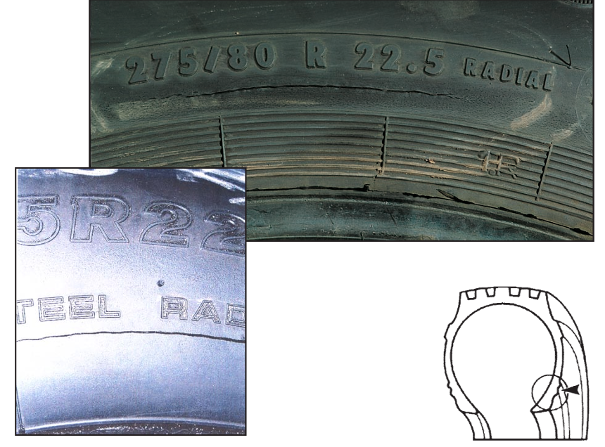 <p>Circumferential crack above the bead with no wire exposed. Cause: improper rubber flow during manufacturing. Remove and contact manufacturer.</p>