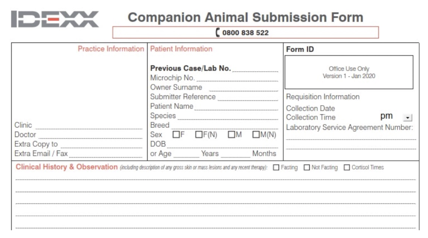<ol><li><p>Practice name, address and vet name</p></li><li><p>Owner's name</p></li><li><p>Animal ID and signalment</p></li><li><p>Date</p></li><li><p>Relevant clinical history</p></li><li><p>Nature and site of sample (diagram for histology and cytology)</p></li><li><p>Tests required</p></li></ol><p></p>