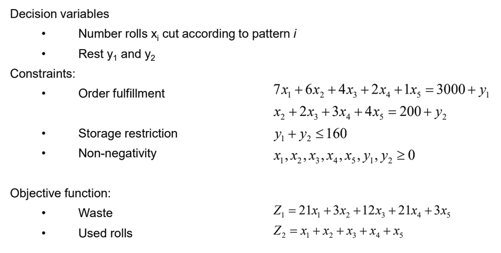 <p>Data</p><ul><li><p>Order data</p></li><li><p>Technology, specification of cutting patterns</p></li><li><p>Storage capacity</p></li></ul><p>Decision: Choice of cutting pattern and the respective quantity</p><p>Objective: Minimization of waste</p><p>Constraints</p><ul><li><p>Fulfillment of orders</p></li><li><p>Compliance with technology</p></li><li><p>Storage capacity</p></li></ul><p></p>