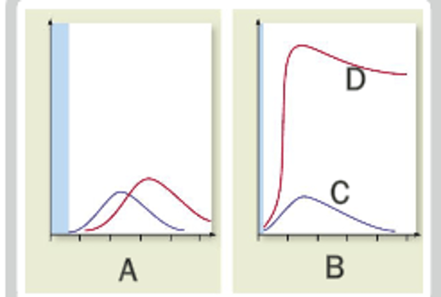 <p>A: Primary response</p><p>B: Secondary response</p><p>C: IgM</p><p>D: IgG</p>