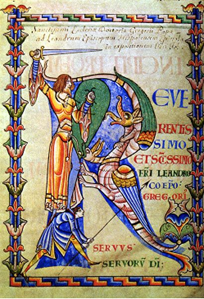 <p><strong>Initial <em>R</em> with knight fighting dragons, <em>Moralia in Job,</em> </strong><span>Citeaux, France, ca. 1115-1125. Ink and tempera on vellum; approx. 1' x 9".</span></p>