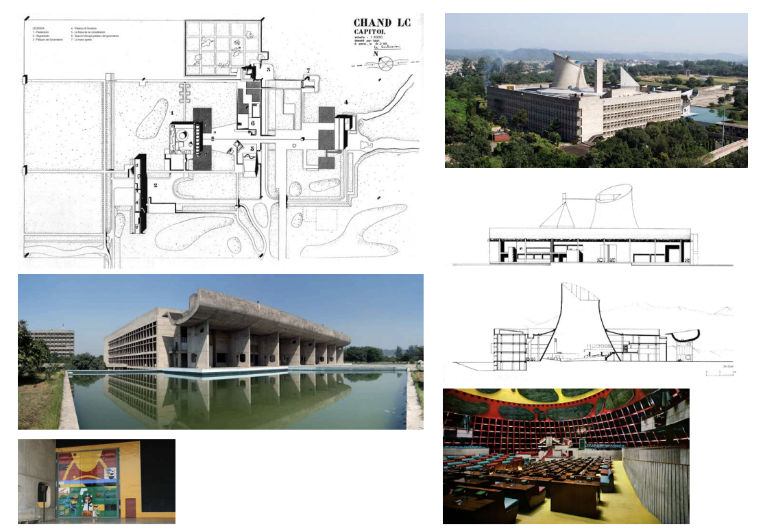 <p>Series of separate buildings arranged around vast open concrete plaza: includes court building, secretary building, governor’s house, the Legislature Building etc. City is built and inaugurated in the 50s. Legislature building has thick concrete, brises soleil to cast shadows, parasol on front facade as a shading element, curved in a way that reflects cow horns, surrounded by reflecting pool. Brutalist architecture. piloti grid that uolds up interior space. Colorful courtroom </p>
