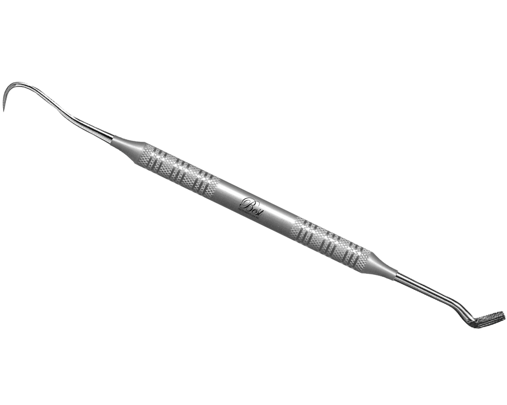 <p>Dental tool used to clean debris, place elastic rings and remove hardened cement around braces</p>