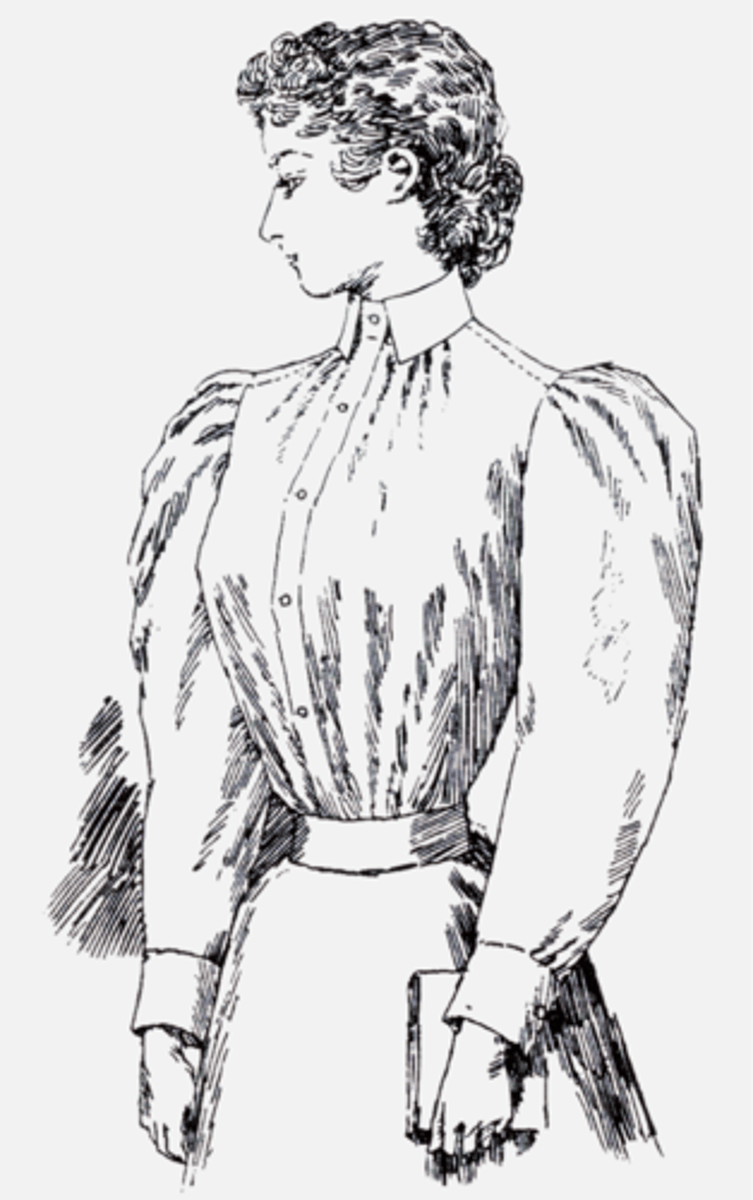 <p>the woman wears a blouse and a skirt</p>