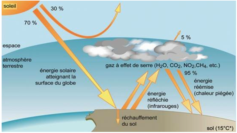 <ol><li><p>Le rayonnement solaire atteint la Terre.</p></li><li><p>Une partie est réfléchie vers l’espace, l’autre est absorbée par la surface qui se réchauffe.</p></li><li><p>La Terre réémet cette énergie sous forme de rayonnement infrarouge (longue longueur d’onde).</p></li><li><p>Les gaz à effet de serre (GES) absorbent ces infrarouges et les réémettent vers la surface.</p></li><li><p>Cette réémission retient une partie de la chaleur dans l’atmosphère : c’est le piégeage thermique.</p></li></ol><p></p>