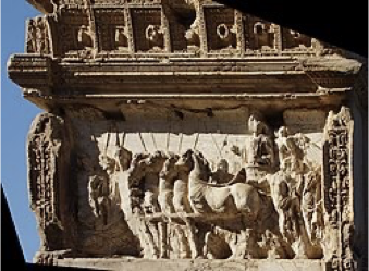 <p>Great Titus reliefs (AD 81, likely posthumous [Kleiner], Arch of Titus, Rome, commemorate AD 72 triumph of Vespasian &amp; Titus, ‘conquest’ of Jerusalem, spoils relief: gold with blue background, menorah, gold trumpets, fire pans, Table of Showbread, procession through monumental arch; Titus attended by genii &amp; lictors, winged Victory crowns with laurel, quadriga chariot, possibly Domitian beside, cf. Arch of Beneventum, Arch of Constantine)</p>