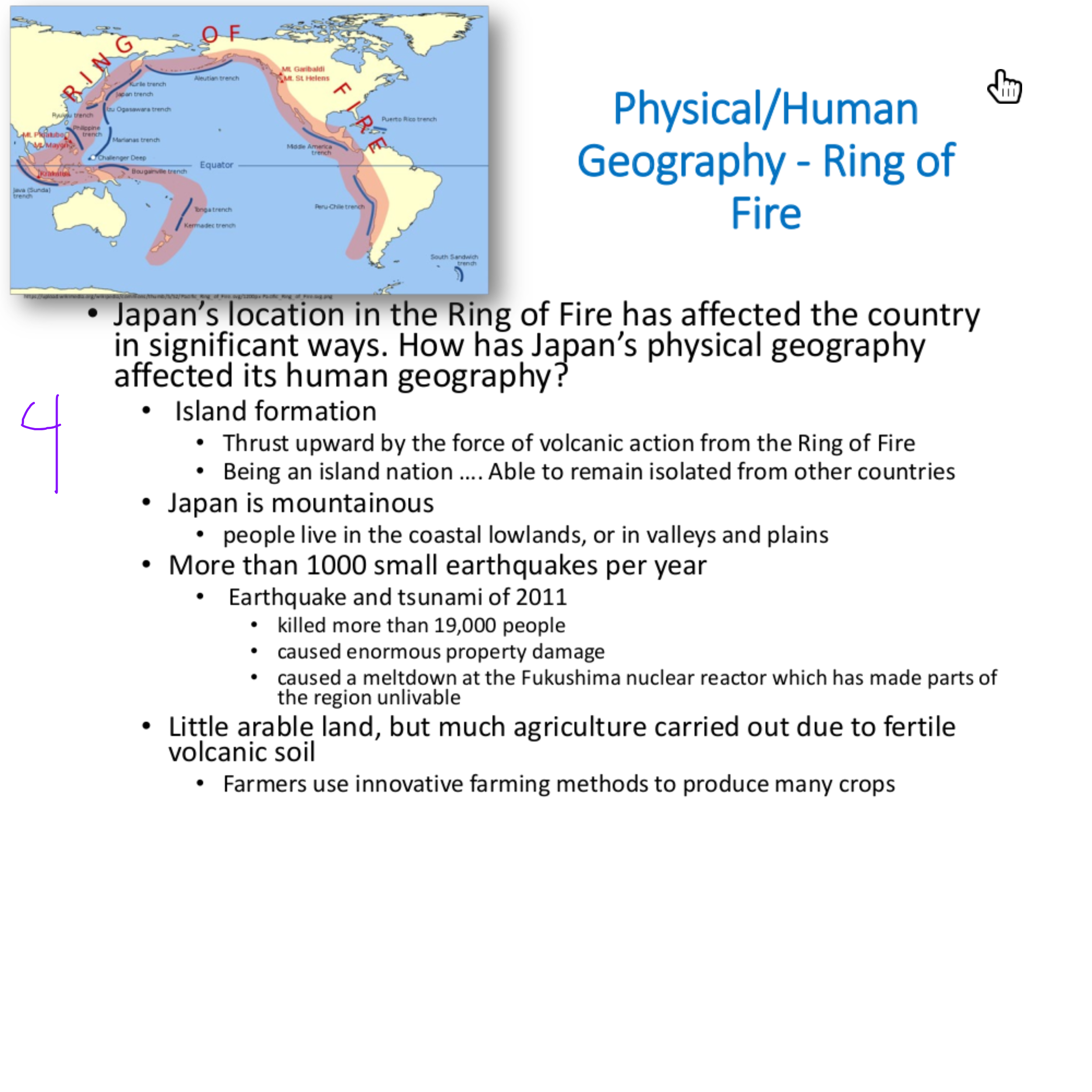 <p>being an island- isolated from other countries, because it is mountainous people live in coastal lowlands or in valleys and plains. more than 1,000 earthquakes per year= live lost, property damage, little arable land</p>