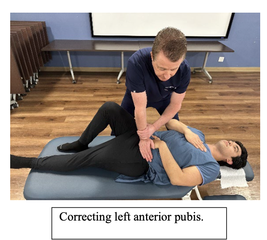 <p><strong>What is the name of this procedure?</strong></p><p>Supine with the uninvolved knee and hip flexed with foot flat on the table</p><p>Right Anterior Pubis = Stand on Left Side</p><p>Left Anterior Pubis = Stand on Right Side</p>