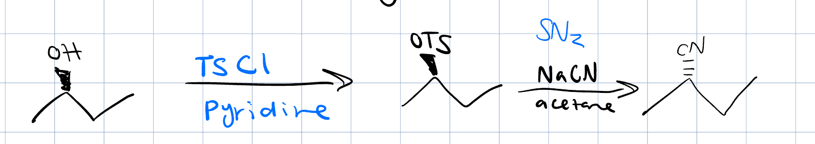 <p>TSCl/pyridine because it will add OTs to same side then you can do backside attacl</p>