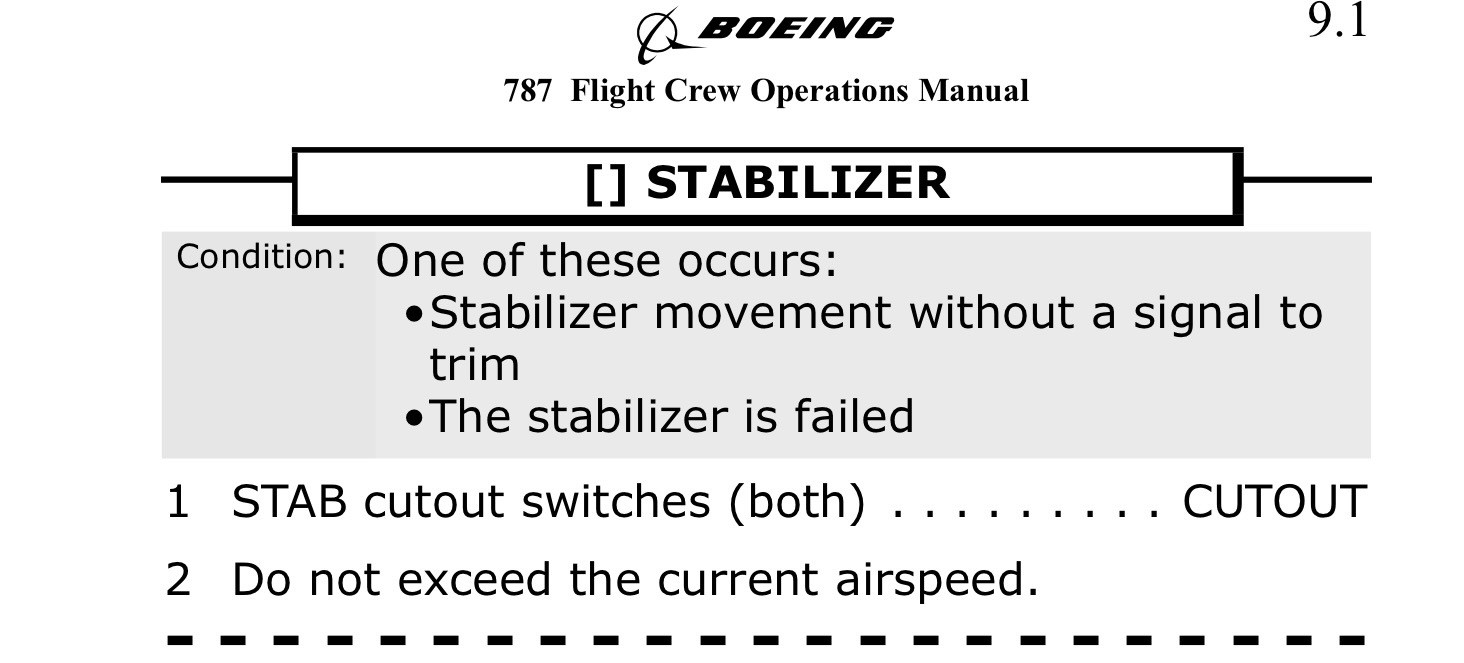 <p>One of these occur:</p><p>Stabilizer movement without a signal to trim</p><p>The stabilizer is failed</p>