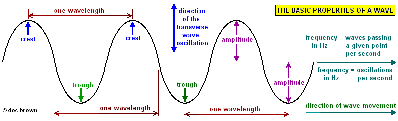 <ul><li><p>cycle</p></li><li><p>period (T)</p></li><li><p>frequency (f)</p></li><li><p>amplitude (A)</p></li><li><p>wavelength (<span>λ)</span></p></li><li><p>crest</p></li><li><p>through</p></li><li><p>equilibrium position</p></li></ul><p></p>