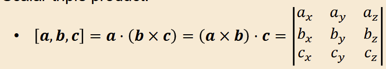 <p>this is also the volume of a parallelpiped whose edges are <strong>a, b, c.</strong></p><p>= 0 if <strong>a, b, c</strong> are coplanar</p>