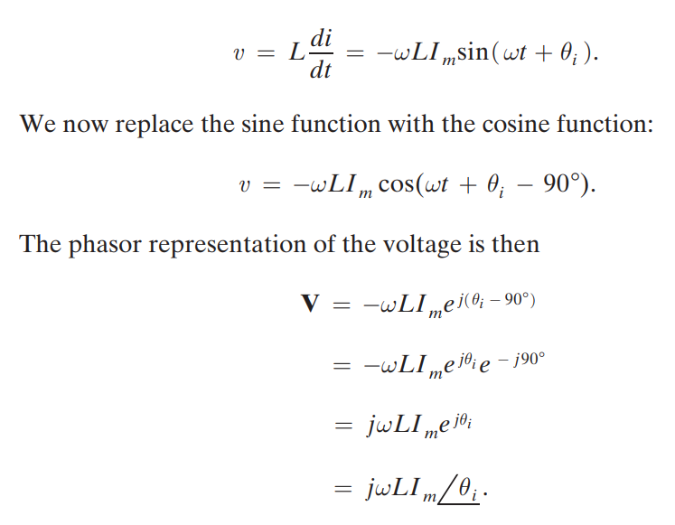 <p>V = jwLI<br>Multiplying by J is the exact same as rotating by 90 degrees, this means Phasor Voltage leaders Phasor current by 90 degrees.</p>
