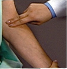<p>beating or throbbing felt over the brachial artery, usually palpated in the antecubital space</p>