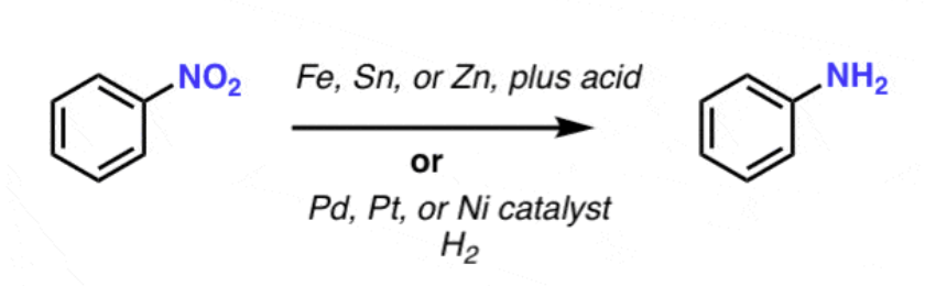 <p>2 general methods</p><ol><li><p>reduction with a metal in the presence of acid</p></li><li><p>Reduction with a noble metal in presence of H2</p></li></ol><p></p>