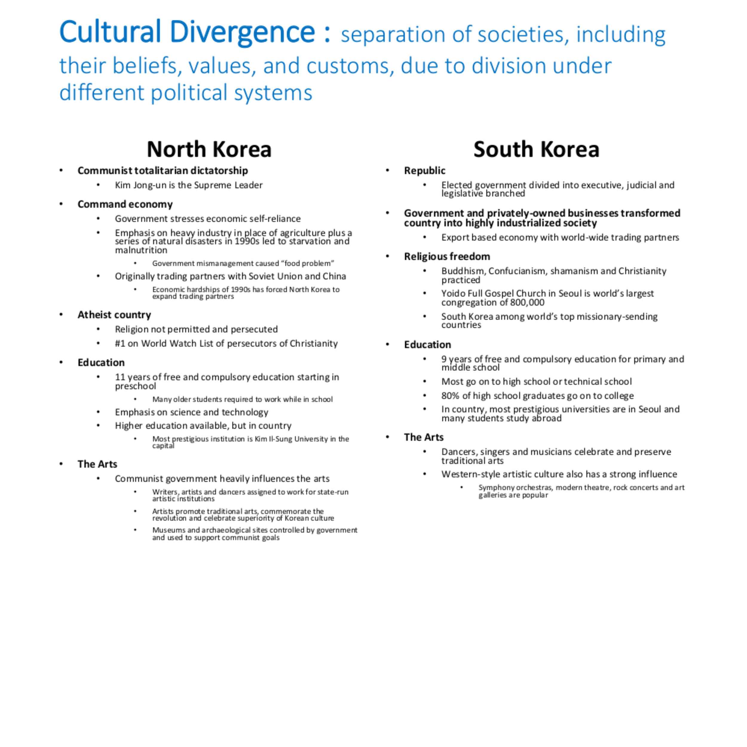 <p>communist totalitarian dictatorship\ republic elected government divided by judicial, executive, and legislative branched. atheist, religion not permitted and persecuted #1 World Watchers List of persecutors of Christianity vs religious freedom, Buddhism, Confucianism, shamanism and christianity practiced. South Korea’s among world’s top missionary sending countries. </p>