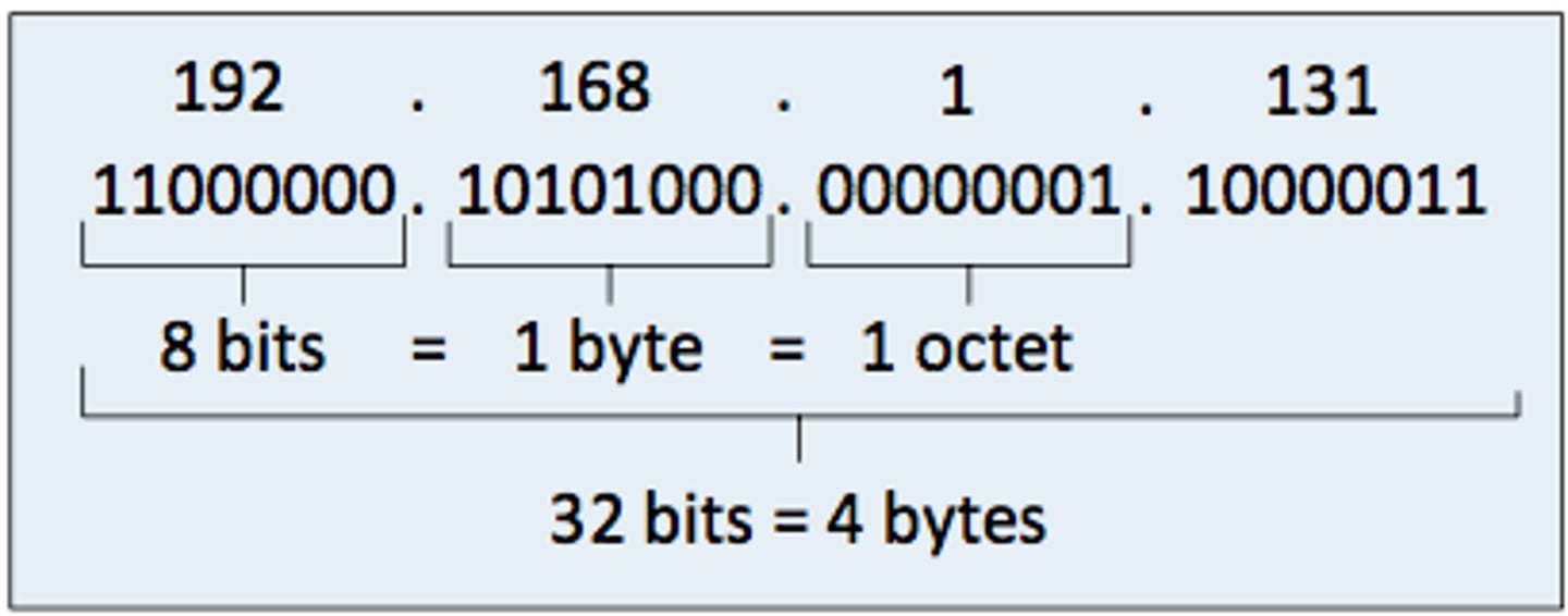 <p>32-bit number shown in dotted decimal as four octets, with each octet ranging from 0-255</p>