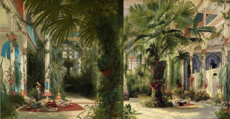 <ul><li><p>collection of palm trees → exotic plant</p></li><li><p>built building for these palm trees</p></li><li><p>commissioned these paintings to show the palm treees</p></li><li><p>women are also exoticized: visually pleasing → their position is also objectified just as the palm trees</p></li></ul><p></p>