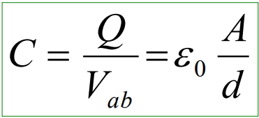 <p>A = the area of each conductor plate in the capacitor (only factor in the area that overlaps) m²</p><p>d = the perpen dist between the conductor plates in the capacitor (m)</p>