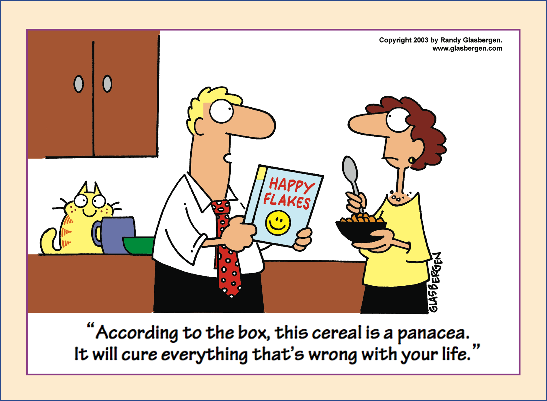 <p>In the cartoon below, what two synonym words help you understand the meaning of the word panacea?</p>