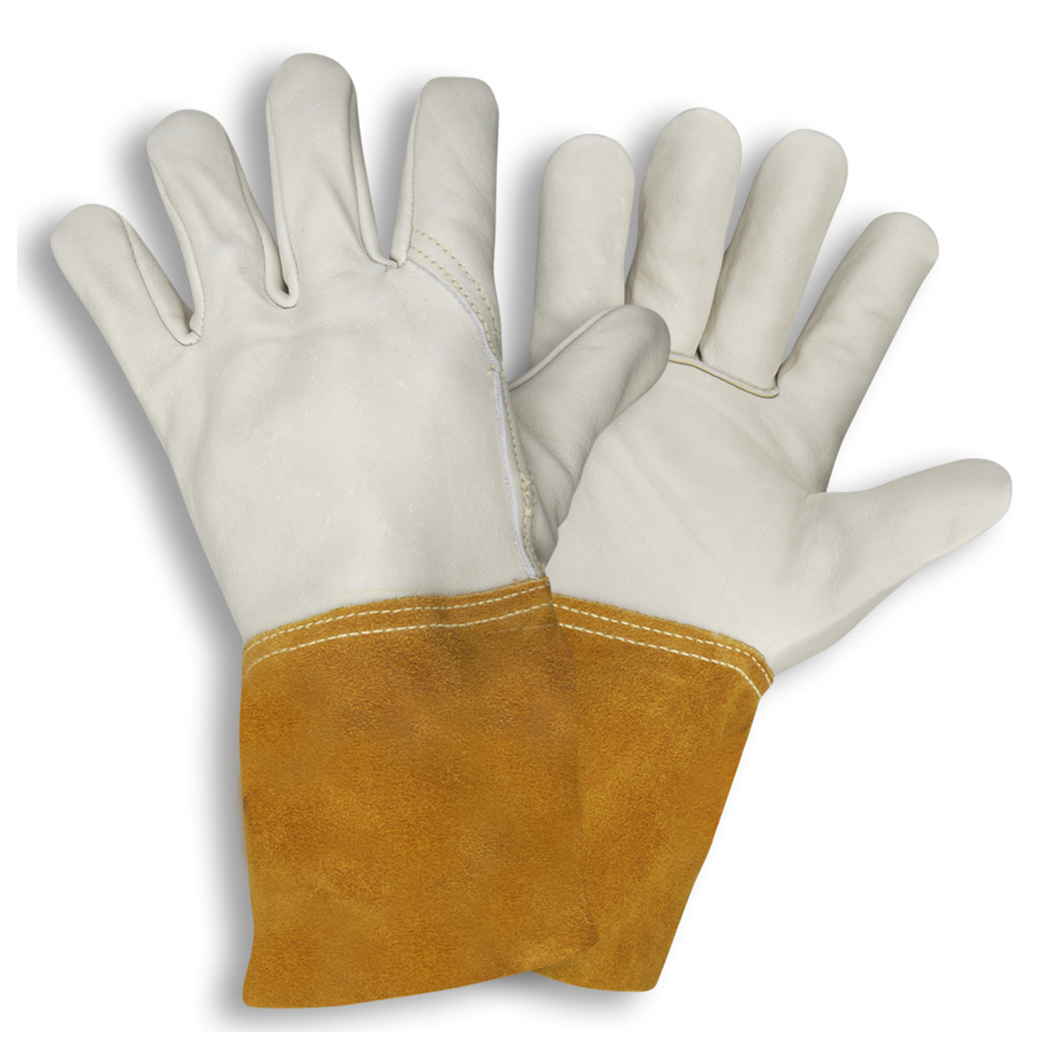 <p>Heat-resistant leather gauntlet-style gloves used in welding to protect hands and forearms from sparks, heat, and molten metal.</p>
