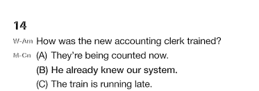 <p><strong>M:</strong> <em>How was the new accounting clerk trained?</em><br>→ <strong>Nhân viên kế toán mới được đào tạo như thế nào?</strong></p>