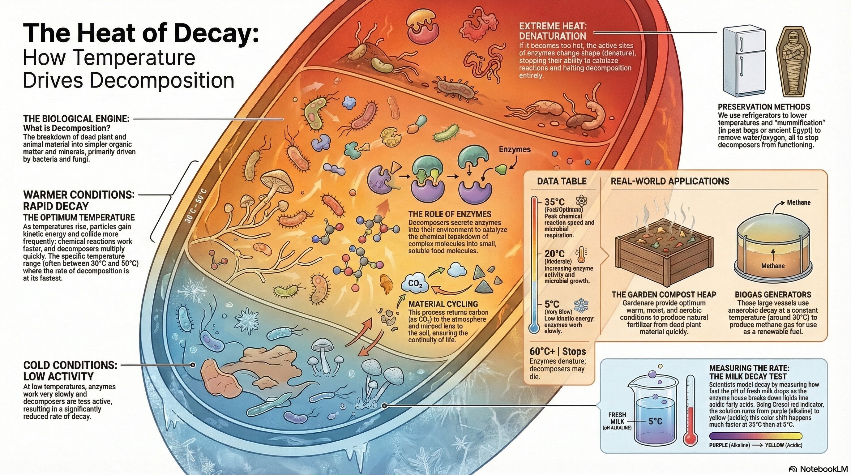 <p>Describe how temperature affects the rate of decay of biological material.</p>