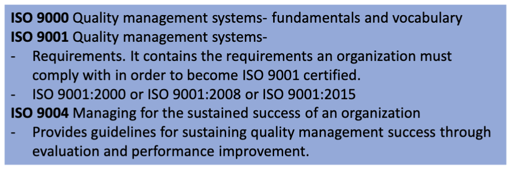 <p>A set of Quality System Management Standards</p><ul><li><p>Requirements for a quality management system (QMS)</p></li><li><p>Product realization, from design to delivery</p></li><li><p>Responsibilities of management</p></li></ul><p></p>