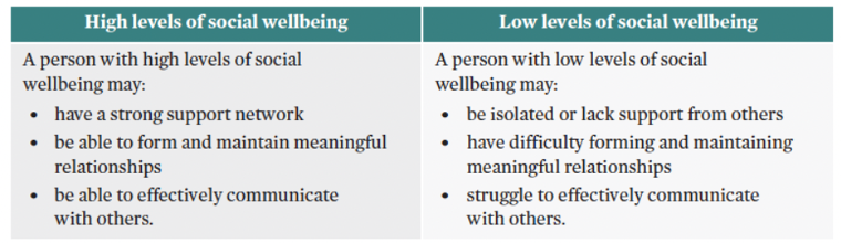 <p><span>Develop a sense of connection with others, essential in most environments. Helps individuals gain confidence and create positive interactions, gain confidence & build strong networks. <strong>Social wellbeing is often explored with Emotional wellbeing. </strong></span></p>