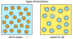 <p>2 immiscible liquids</p><p>-internal/dispersed phase: droplets</p><p>-external/continuous phase: outer portion</p>