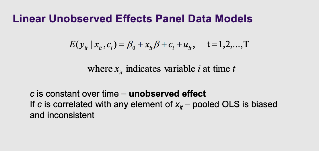 <ul><li><p><span style="line-height: 1.15;"><strong>What it means:</strong> The professor introduces a new mathematical variable into the equation: $c_i$</span><span>.</span></p><p><span style="line-height: 1.15;"><strong>The Plain English Translation:</strong> $c_i$ stands for "unobserved effect" that is constant over time</span><span>. </span><span style="line-height: 1.15;">Think of this as a person's permanent, unchanging hidden quirks—like their baseline personality, genetics, or the culture of the country they were born in. The slide warns that if these hidden quirks ($c_i$) are secretly correlated with the choices a person makes ($x_{it}$), standard math (Pooled OLS) will fail and give you biased answers</span><span>.</span></p></li></ul><p></p>