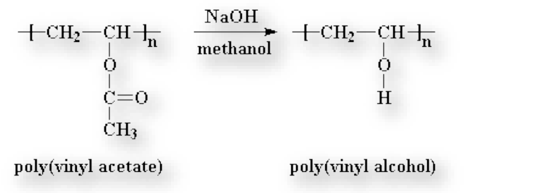 <p>We polymerize vinyl acetate to get polyvinyl acetate<br>we convert PVAc into PVA through base-catalyzed transesterification </p><p></p>