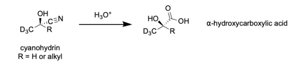 <p><strong>Cyanohydrin → Alpha Hydroxy Carboxylic Acid</strong></p>