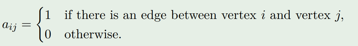 <p>The adjacency matrix of graph G = (V, E) with n = |V| is an n*n matrix where:</p>