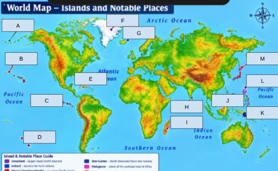<p>What Island is located at “B”?</p>