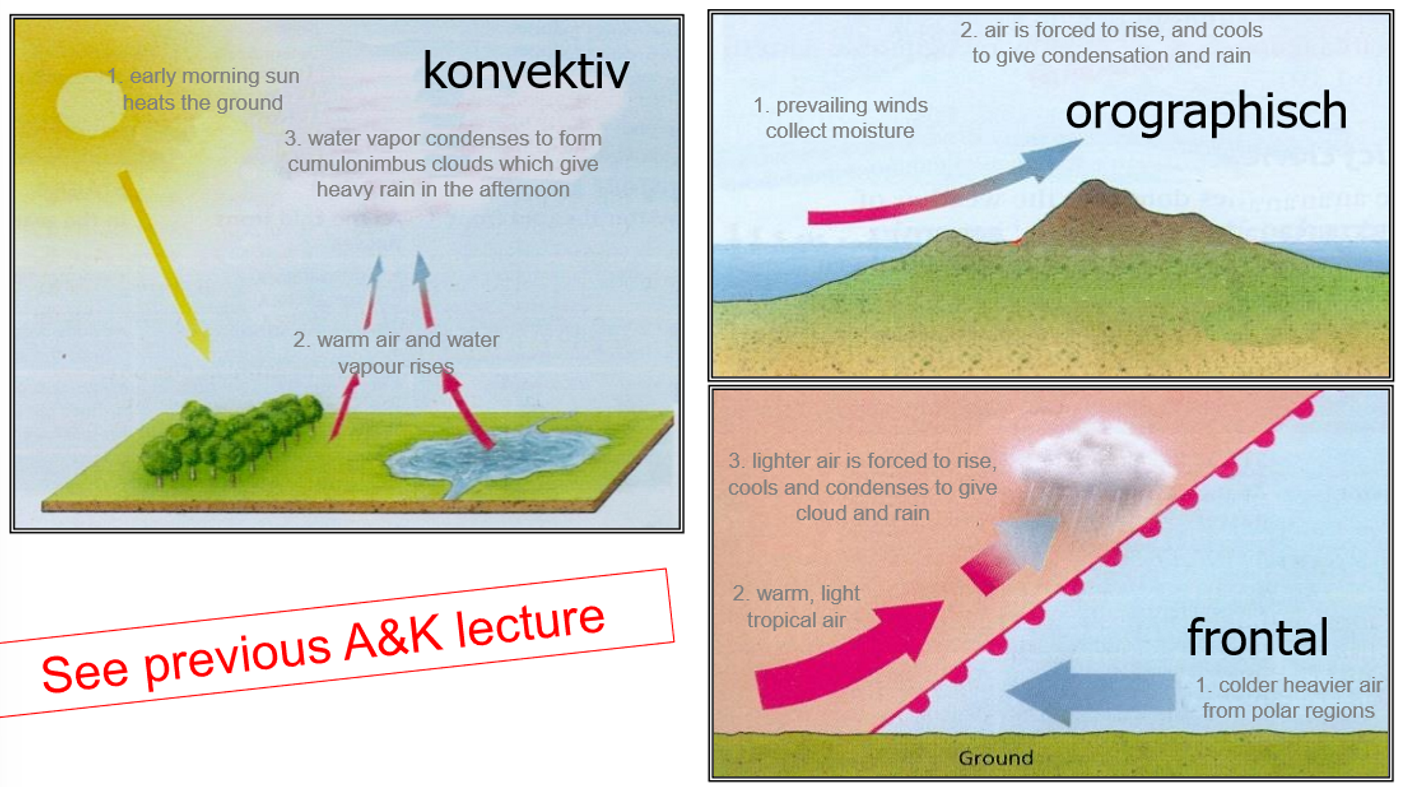 <p>convective: typical for summer thunderstorms</p><p>orographic: mountaneous regions</p><p>frontal: regions that receive tropical air</p><p></p>