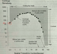 <p>When interpreting the circled point on the graph, it shows that at a frequency of 0.5, the subject was/was not able to a stimulus we a contrast threshold of 5.0%?</p>