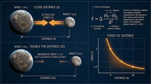 <p>What term/concept is being visualized in this image?</p><p>Definition: Force decreases with the square of distance.</p>