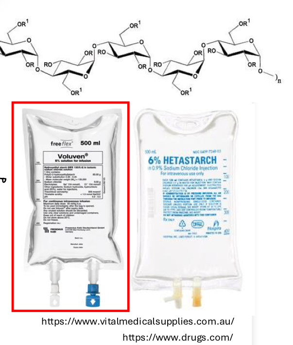 <ul><li><p>HES (Hydroxyethyl starch)</p><ul><li><p>Advantages</p><ul><li><p>Sustained expansion of vascular compartment compared to isotonic crystalloids (<strong><u>longer effect</u></strong>)</p></li><li><p>Small volume required to achieve desired effect (<strong><u>Potent</u></strong>)</p></li></ul></li><li><p>Disadvantages</p><ul><li><p>Serious adverse effects, weigh your options before using</p></li></ul></li></ul></li></ul><p></p>