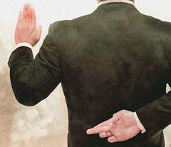 <p>to break the law by lying; to break a formal promise; to break and oath</p>