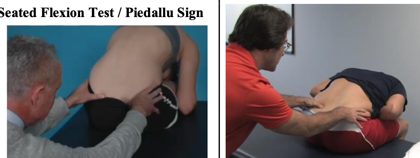<p><strong>Purpose:</strong> Assess SIJ mobility/asymmetry</p><p></p><p><strong>How to Perform:</strong></p><ol><li><p>Patient seated (w/ both legs supported)</p></li><li><p>Palpate under both PSISs</p></li><li><p>Patient bends forward</p></li><li><p>Compare PSIS movement</p></li></ol><p></p><p><strong>Positive Test:</strong> One PSIS moves more superiorly than the other</p><ul><li><p>Normally, both PSIS should move superiorly</p></li></ul><p></p><p><strong>Interpretation:</strong> </p><ul><li><p>The side moving more superiorly may indicate SIJ restriction</p></li><li><p>Poor reliability/validity</p></li></ul><p></p>