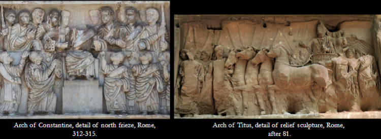 <p>What are the comparisons and differences of the Distribution of Largesse and Arch of titus relief sculpture? </p>